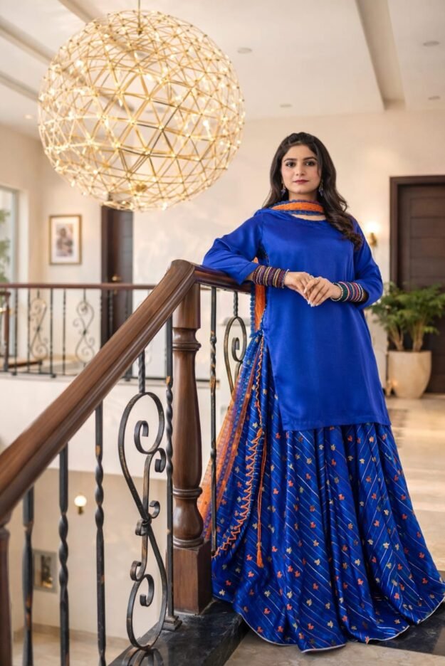 Eid Glam Sharara Suit – 3 PC Festive Wear (Blue)